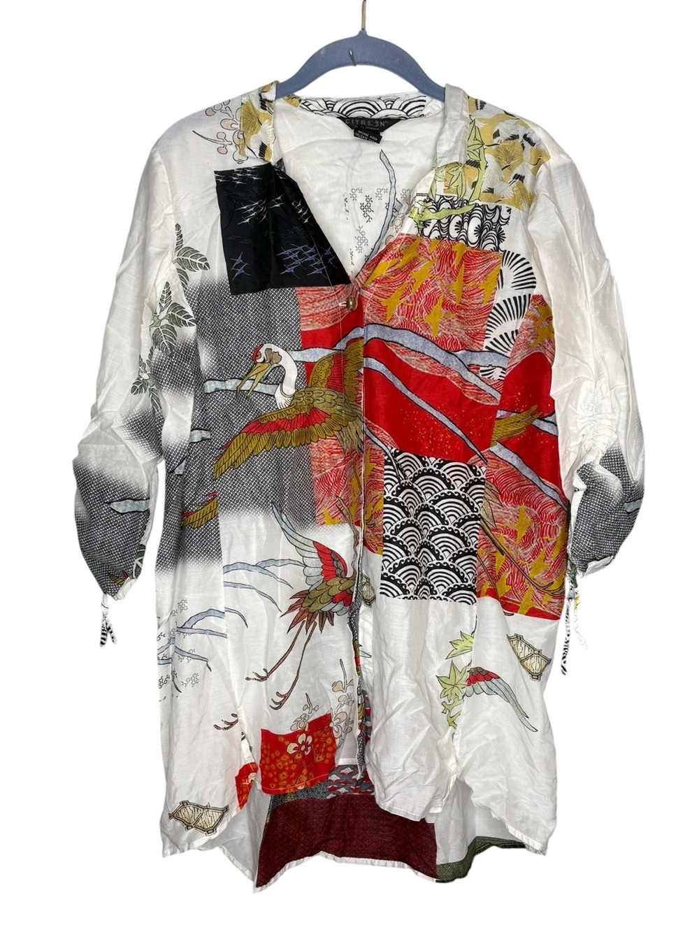 Citron Santa Monica White Tunic crane print patchwork silk women’s size large
